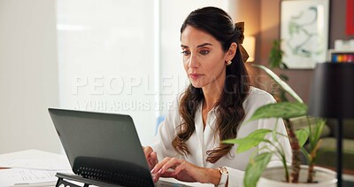 Buy stock photo Laptop, freelancer and typing with woman in home office for bookkeeping, budget research and planning. Digital payroll advisor, audit review and remote worker with person online for finance report