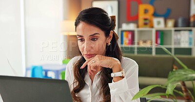 Buy stock photo Reading, laptop and psychology with woman in office for consulting, child development and schedule. Education therapist, advice and learning evaluation with person in clinic for online case review