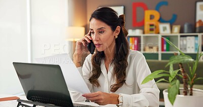 Buy stock photo Phone call, documents and psychologist with woman in office for consulting, child development and schedule. Education therapist, advice and learning evaluation with person in clinic for contact