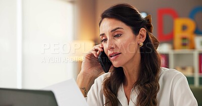 Buy stock photo Phone call, research and psychology with woman in office for consulting, laptop and schedule. Education therapist, advice and learning evaluation with person for contact, conversation and tech 