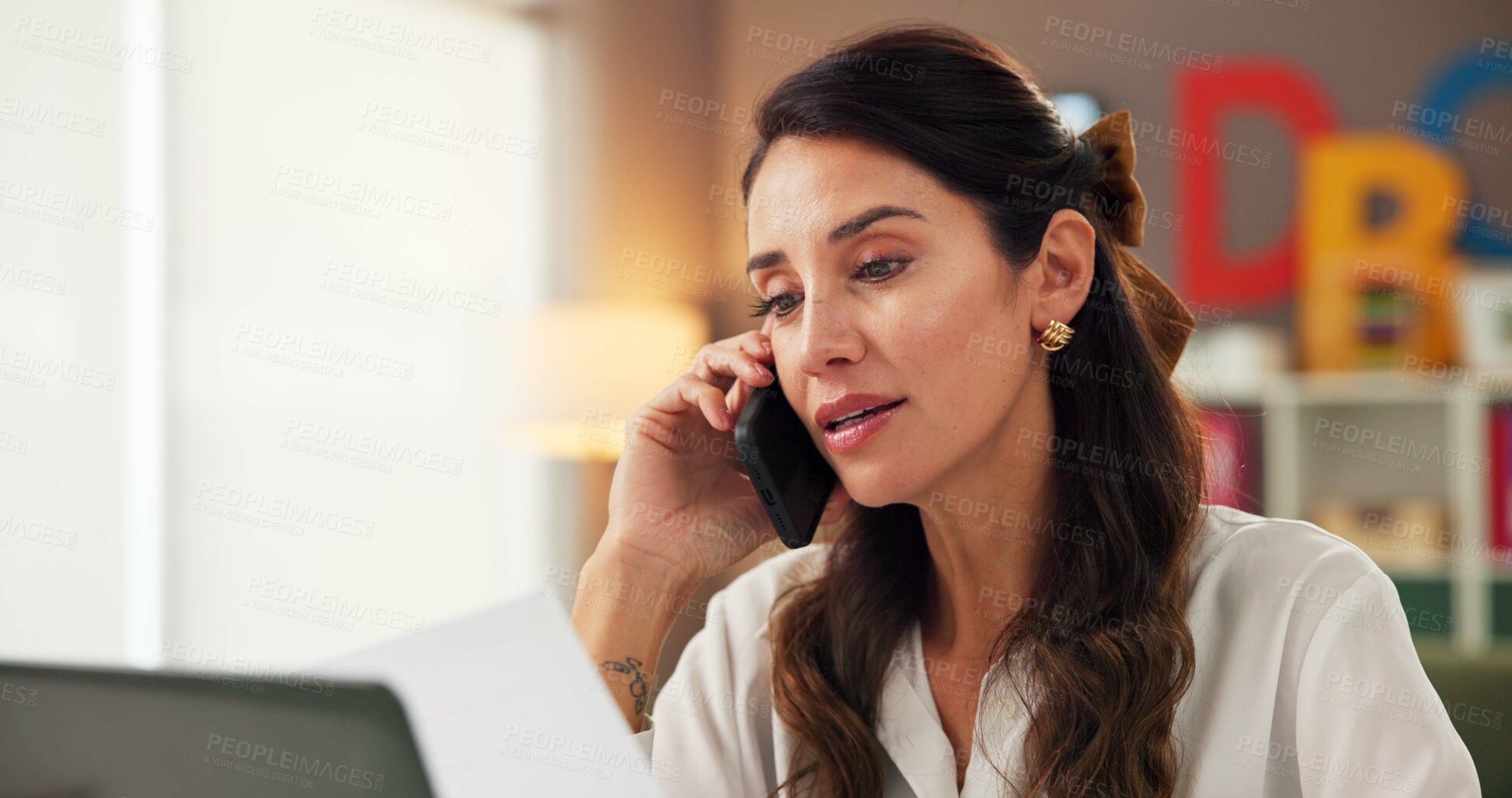 Buy stock photo Phone call, research and psychology with woman in office for consulting, laptop and schedule. Education therapist, advice and learning evaluation with person for contact, conversation and tech 