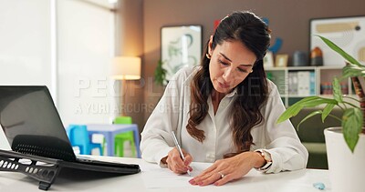 Buy stock photo Woman, psychologist and writing with document in office, notes and review for mental health report. Person, child therapist and paperwork by laptop for patient info, feedback and diagnosis at clinic