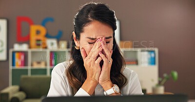 Buy stock photo Education, headache and laptop with woman teacher at desk in office for anxiety or burnout. Computer, stress and tired with mature educator at school for fatigue, migraine or planning of curriculum