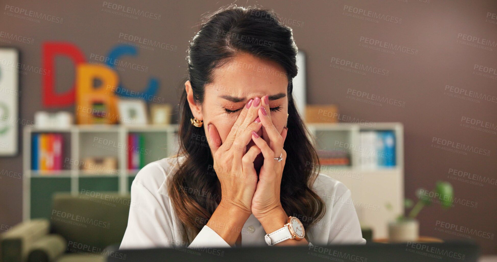 Buy stock photo Education, headache and laptop with woman teacher at desk in office for anxiety or burnout. Computer, stress and tired with mature educator at school for fatigue, migraine or planning of curriculum