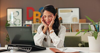 Buy stock photo Education, laptop and stress with woman teacher at desk in office for burnout or headache. Anxiety, computer and tired with mature educator at school for fatigue, migraine or planning of curriculum