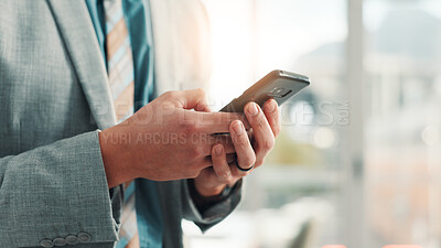 Buy stock photo Cellphone, hands and businessman in office with communication, contact or networking. Feedback, phone and male financial manager with email for finance report with online client in workplace.