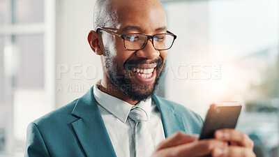 Buy stock photo Phone, happy and black man in office with communication, contact or business networking. Smile, cellphone and African male financial manager with email for finance report with client in workplace.