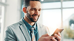 Phone, happy and businessman in office with communication, contact or networking. Smile, cellphone and male financial manager with email for finance report with client feedback in workplace.