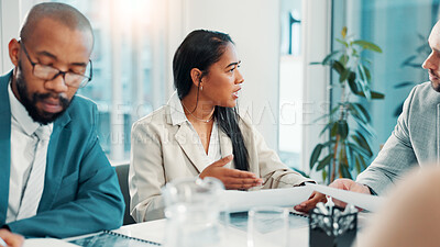 Buy stock photo Meeting, planning and feedback with business people in office for project proposal, account advisor or research. Budget adviser, company treasurer and paperwork with employees for revenue review
