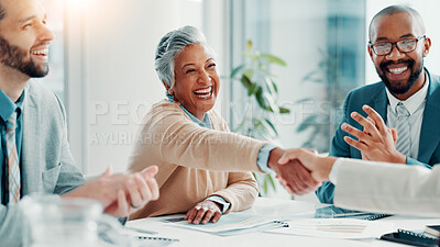 Buy stock photo Shaking hands, applause and business people in office with meeting for deal, agreement or partnership. Corporate, celebration and finance manager with client for handshake on investment contract.