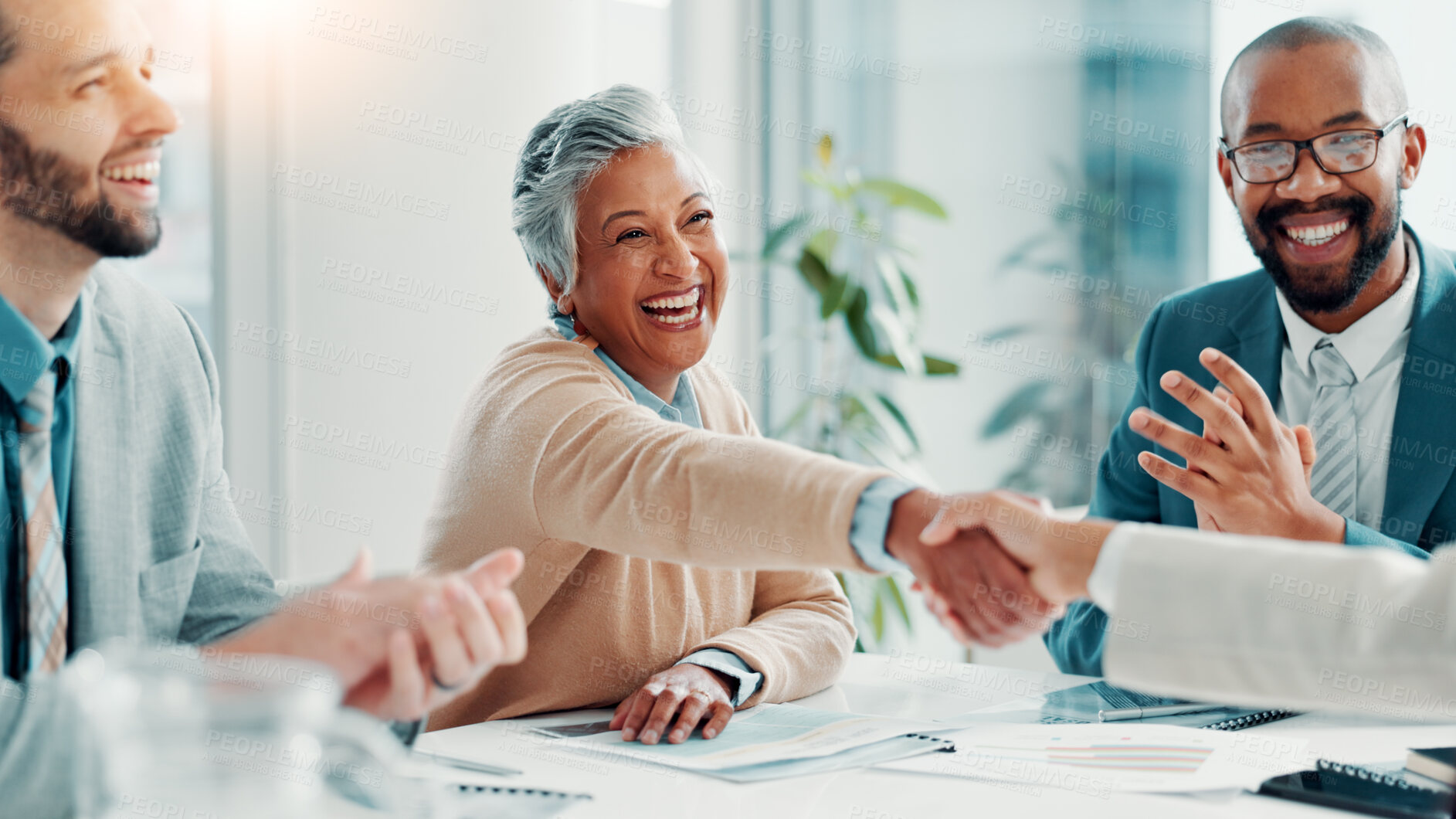 Buy stock photo Shaking hands, applause and business people in office with meeting for deal, agreement or partnership. Corporate, celebration and finance manager with client for handshake on investment contract.