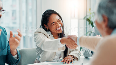 Buy stock photo Shaking hands, happy and business people in office with meeting for deal, agreement or partnership. Corporate, collaboration and finance manager with client for handshake on investment contract.