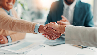 Buy stock photo Shaking hands, documents and business people in office with meeting for deal, agreement or partnership. Corporate, paperwork and finance manager with client for handshake on investment contract.