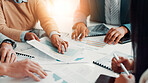 Documents, hands and business people in office for meeting with finance statistics, graphs or data. Paperwork, discussion and financial managers with company investment, revenue or dividend reports.