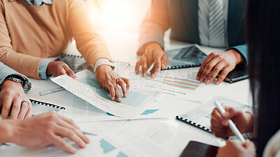 Buy stock photo Documents, hands and business people in office for meeting with finance statistics, graphs or data. Paperwork, discussion and financial managers with company investment, revenue or dividend reports.