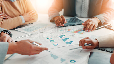 Buy stock photo Paperwork, hands and business people in office for meeting with finance statistics, graphs or data. Documents, discussion and financial managers with company investment, revenue or dividend reports.