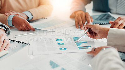 Buy stock photo Documents, hands and business people in office for discussion with finance statistics, graphs or data. Paperwork, meeting and financial managers with company investment, revenue or dividend reports.