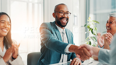 Buy stock photo Shaking hands, collaboration and business people in office with meeting for deal, agreement or partnership. Corporate, applause and finance managers with client for handshake on investment contract.