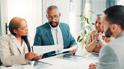 Buy stock photo Documents, interview and opportunity with business people in boardroom of office for hiring process. Human resources, recruitment and resume with employee team speaking to candidate for job vacancy