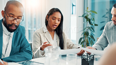 Buy stock photo Teamwork, meeting and report with business people in office for project proposal, account advisor and planning. Budget adviser, company treasurer and brainstorming with employees for revenue review