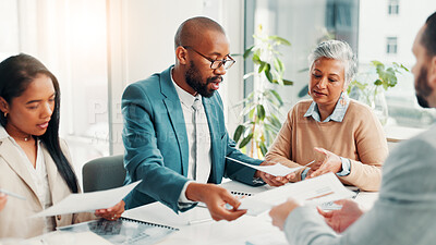 Buy stock photo Documents, interview and resume with business people in boardroom of office for hiring process. Human resources, opportunity and recruitment with employee team speaking to candidate for job vacancy