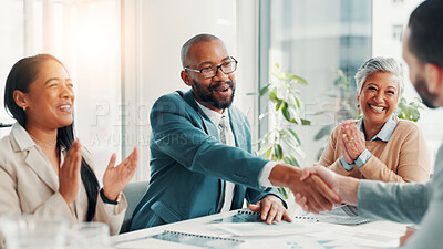 Buy stock photo Handshake, interview and recruitment with business people in boardroom of office for hiring success. Applause, human resources or welcome and employee shaking hands with candidate for job vacancy