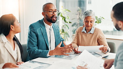Buy stock photo Documents, interview and recruitment with business people in boardroom of office for hiring process. Human resources, opportunity and resume with employee team speaking to candidate for job vacancy
