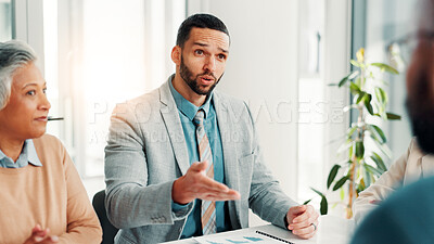 Buy stock photo Interview, recruitment and question with business people in boardroom of office for hiring process. Human resources, onboarding and opportunity with employee team speaking to candidate for vacancy