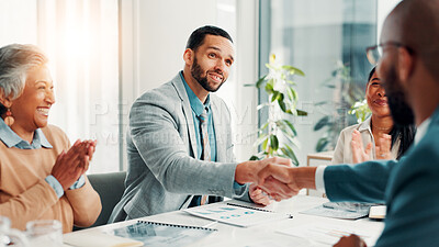 Buy stock photo Shaking hands, applause and business people in office with discussion for deal, agreement or partnership. Corporate, meeting and finance managers with client for handshake on investment contract.
