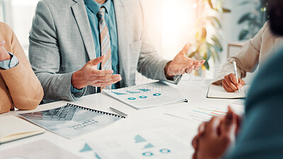 Buy stock photo Paperwork, hands and business people in office for discussion with finance statistics, graphs or data. Documents, meeting and financial managers with company investment, revenue or dividend reports.