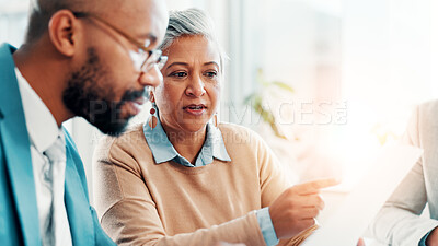 Buy stock photo Teamwork, meeting and paperwork with business people in office for project proposal, account advisor or planning. Budget adviser, company treasurer and brainstorming with employees for revenue review