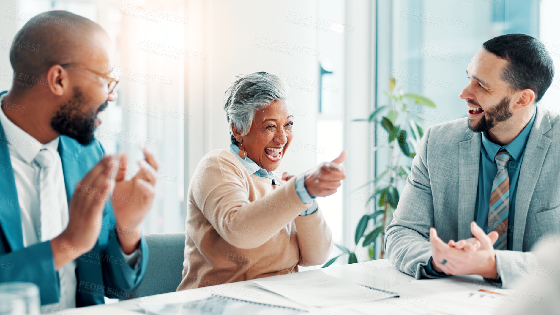 Buy stock photo Teamwork, meeting and success with business people in office for project approval, account profit and applause. Budget growth, company treasurer and celebration with employees for revenue bonus