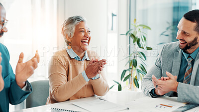 Buy stock photo Business people, team and applause for success, celebration or laugh for financial agreement in office. Excited, group and clapping for achievement of goal, target or well done with investment deal