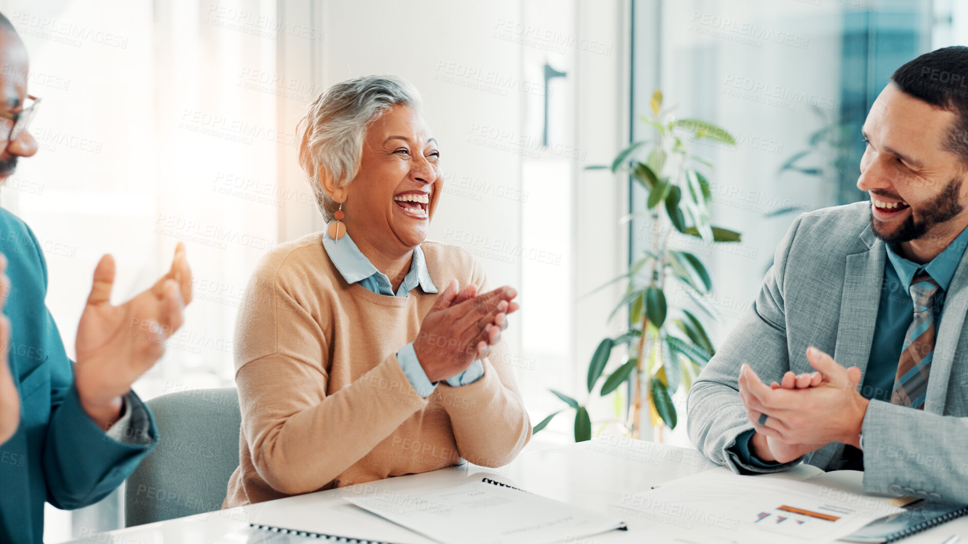 Buy stock photo Business people, team and applause for success, celebration or laugh for financial agreement in office. Excited, group and clapping for achievement of goal, target or well done with investment deal