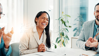 Buy stock photo Business people, team and applause for success, laugh and celebration for financial profit in office. Excited, group and clapping for achievement of goal, target and well done with investment deal