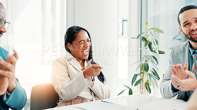Buy stock photo Teamwork, meeting and applause with business people in office for project approval, account profit and success. Budget growth, company treasurer and celebration with employees for revenue bonus