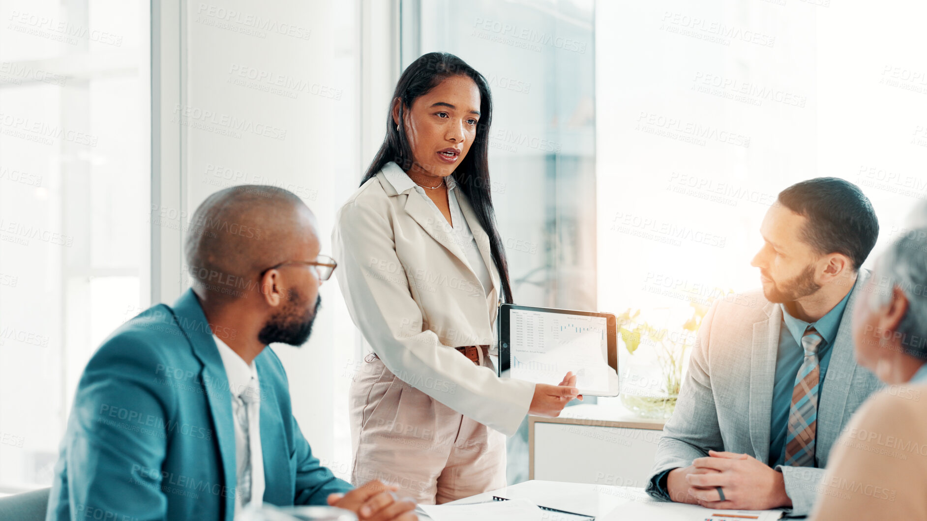 Buy stock photo Woman, people and tablet screen for finance presentation of budget review, financial stats and graphs. Speaker, digital and charts for proposal, pitch information and profit report of company revenue