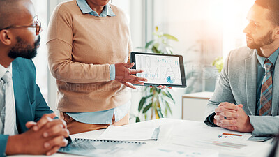People, explain and tablet screen for finance presentation for budget review, financial stats and graphs. Speaker, digital and proposal charts, pitch information and profit report for company revenue