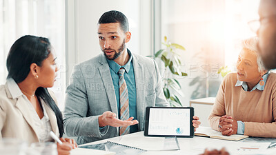 Buy stock photo Business, people and tablet screen for finance meeting for budget review, financial stats and graphs. Speaker, digital and charts for proposal, pitch information and profit report for company revenue