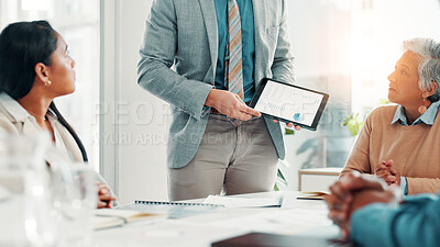 Business, people and tablet screen for finance presentation of budget review, financial stats and graphs. Speaker, digital and proposal charts, pitch information and profit report for company revenue