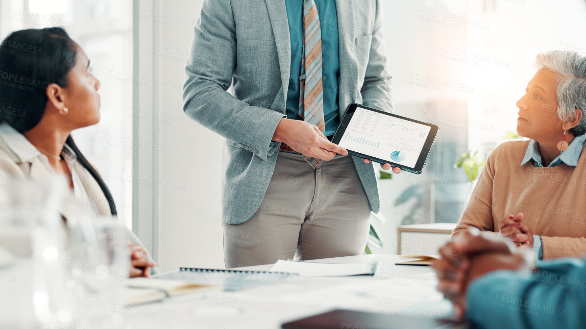 Buy stock photo Business, people and tablet screen for finance presentation of budget review, financial stats and graphs. Speaker, digital and proposal charts, pitch information and profit report for company revenue