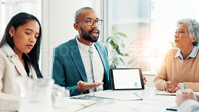 Man, people and tablet screen for finance meeting for budget review, financial stats and graphs. Speaker, digital and charts for proposal, pitch and information with profit report for company revenue