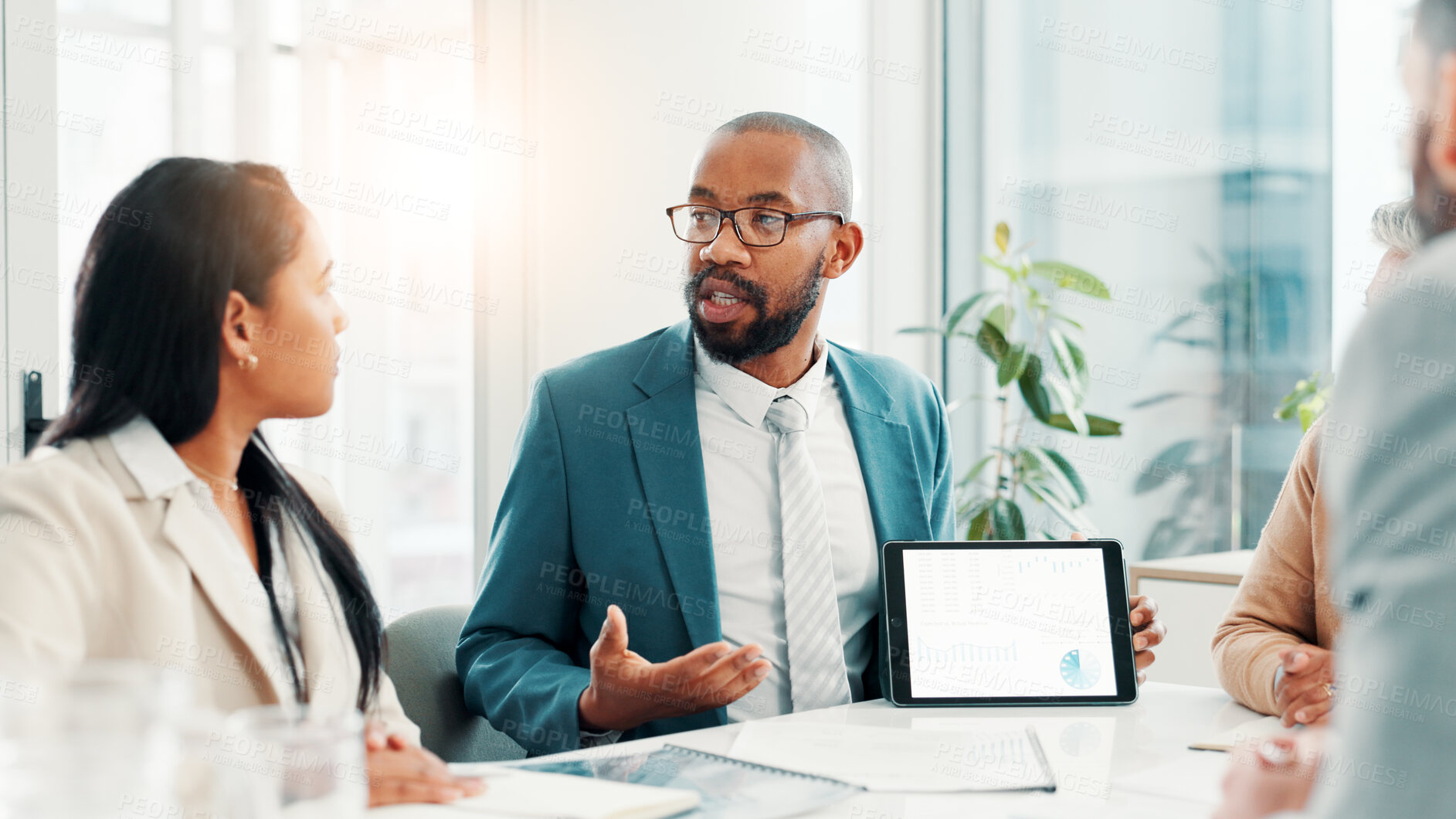 Buy stock photo People, explain and tablet screen for finance meeting with budget review, financial stats and graphs. Speaker, digital and charts for proposal, pitch information and profit report for company revenue