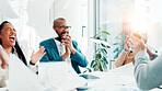 Business people, throw paper and team clapping for success, celebrate or laugh for financial profit in office. Excited group, applause or achievement of goal, target or well done with investment deal