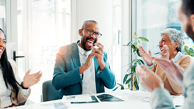 Buy stock photo Business people, excited and team clapping in office for success, celebrate or laugh for financial profit. Group applause, cheers and achievement of goal, excellence or well done with investment deal