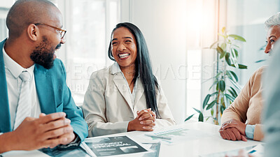 Buy stock photo Teamwork, meeting and smile with business people in office for project proposal, account advisor and planning. Budget adviser, company treasurer and brainstorming with employees for revenue review