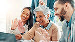 Laptop, video call and wave with business people in office together for collaboration or planning. Computer, smile and virtual meeting with employee group in corporate workplace for discussion