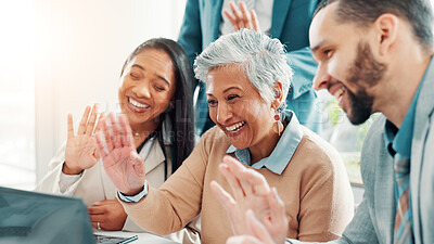 Buy stock photo Laptop, video call and wave with business people in office together for collaboration or planning. Computer, smile and virtual meeting with employee group in corporate workplace for discussion