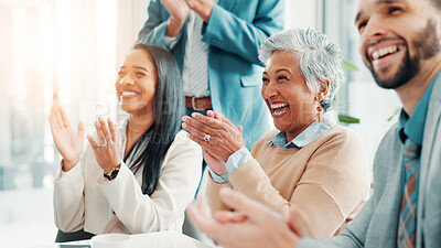 Buy stock photo Business people, excited and audience applause for success, support or celebrate milestone at conference. Achievement, cheers and team clapping for goal, praise and laughing for excellence at seminar