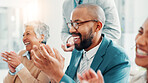 Business people, excited and audience clapping for support, success or celebrate milestone at conference. Achievement, cheers and team applause for goal, praise and laughing for excellence at seminar